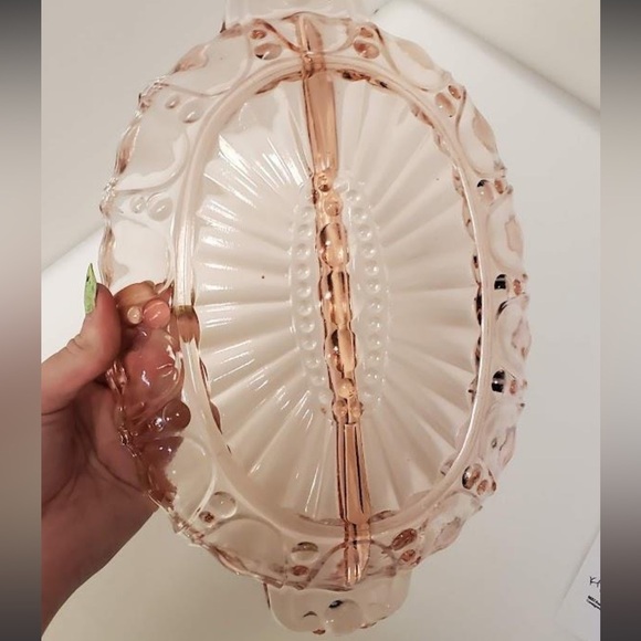 pink oyster pearl pattern depression glass relish dish divided bowl VTG - Picture 4 of 4